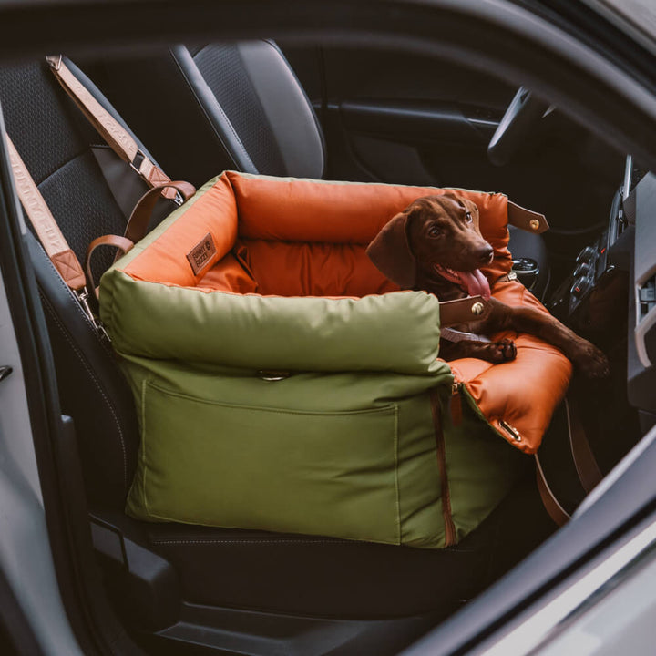 Robuster Hundeautositz mit Sicherheitsgurt für entspannten Transport im Auto.