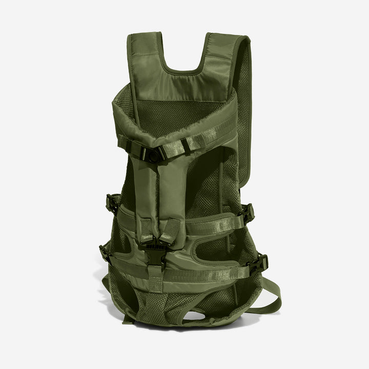 Stylischer Hundetrage-Rucksack in Grau, mit Belüftungsfenstern und sicherem Reißverschluss.