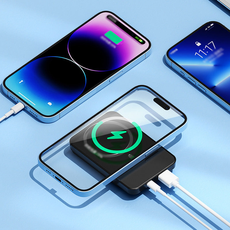 Universelle USB-C Powerbank mit 20000mAh & Qi, lädt schnell mehrere Geräte gleichzeitig.