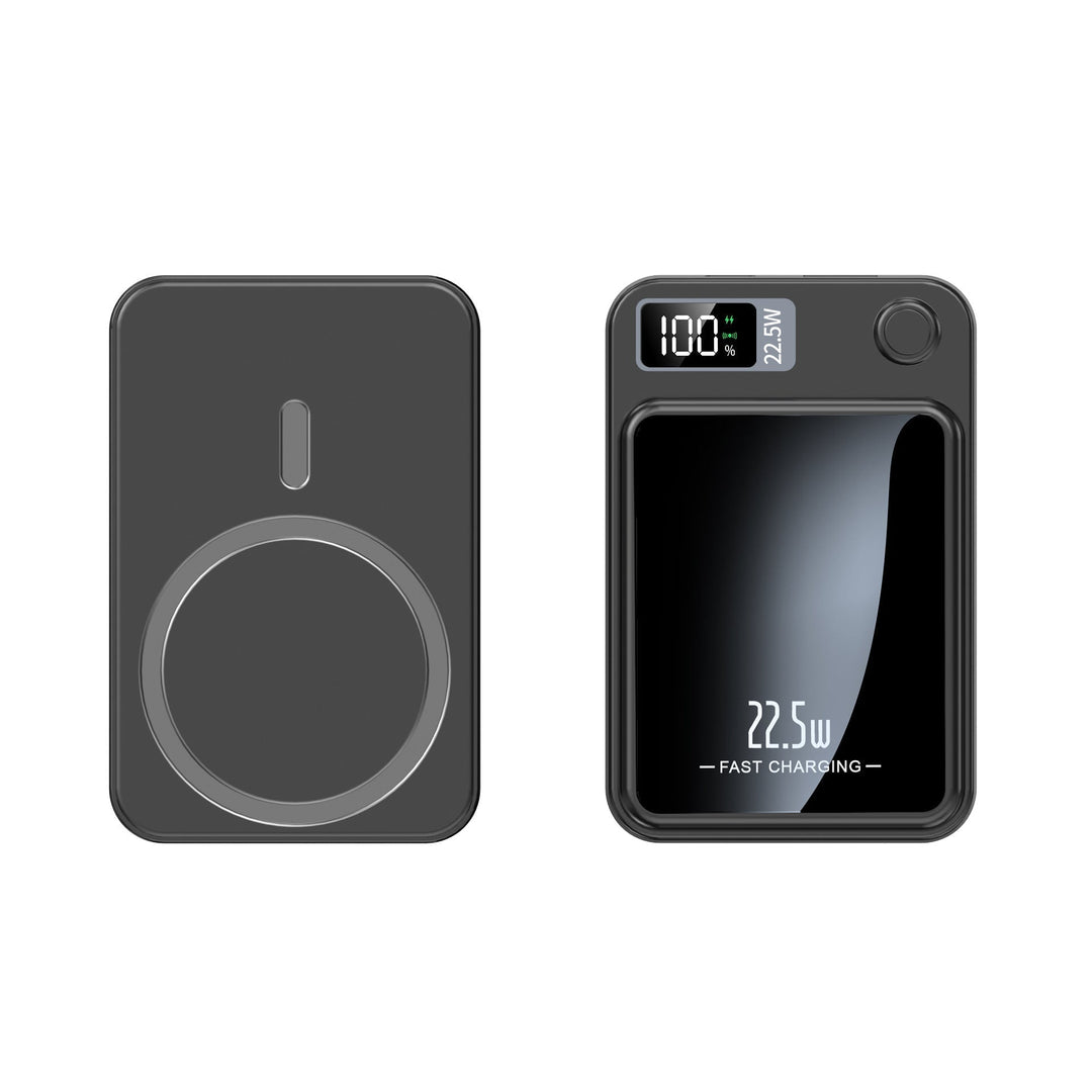 Schwarz 20000mAh Powerbank mit Qi und USB-C, kompatibel mit den meisten Smartphones.