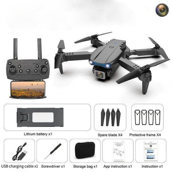Quadrocopter von unten, zeigt Rotoren und 4K UHD-Kamera, bereit für Drohnenflug und Luftaufnahmen.