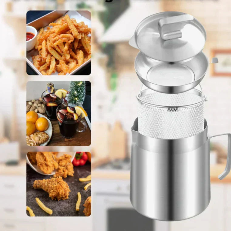 Kompakte Edelstahl-Fritteuse für schnelle Snacks, ideal für Haushalt und Campingküche.