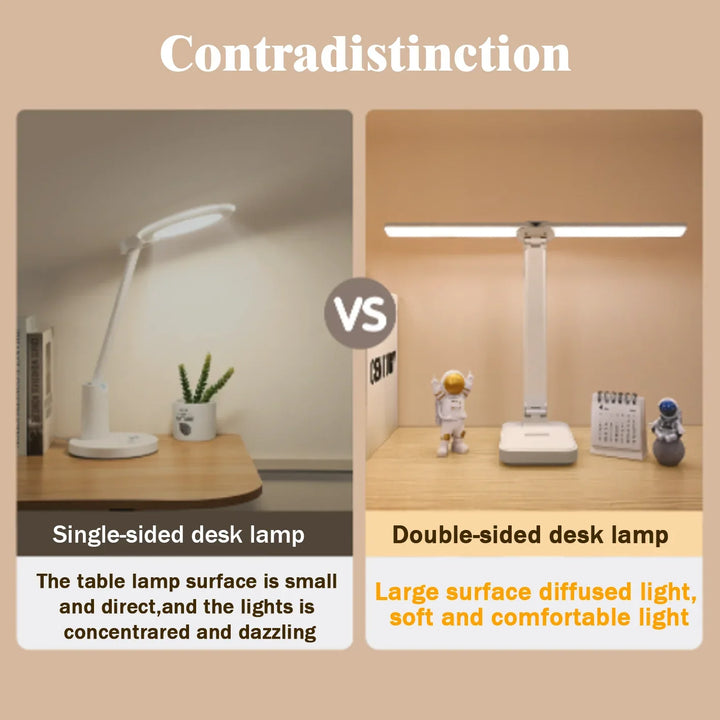 Weiße faltbare LED Schreibtischlampe in einem Büro, augenschonend für langes und konzentriertes Arbeiten.