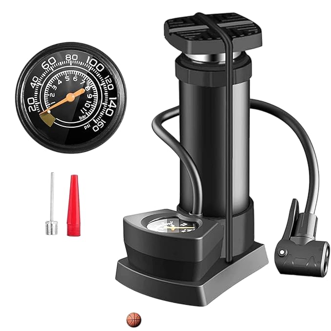 Tragbare Fußluftpumpe mit Manometer, ideal für unterwegs, Auto, Fahrradreifen, Bälle. Platzsparend.