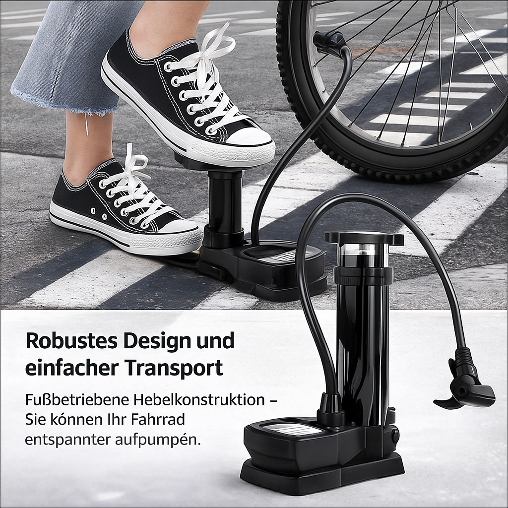 Robuste Fahrrad-Fußpumpe mit Hochdruckfunktion & Manometer für Rennrad, Mountainbike & E-Bike Reifen.