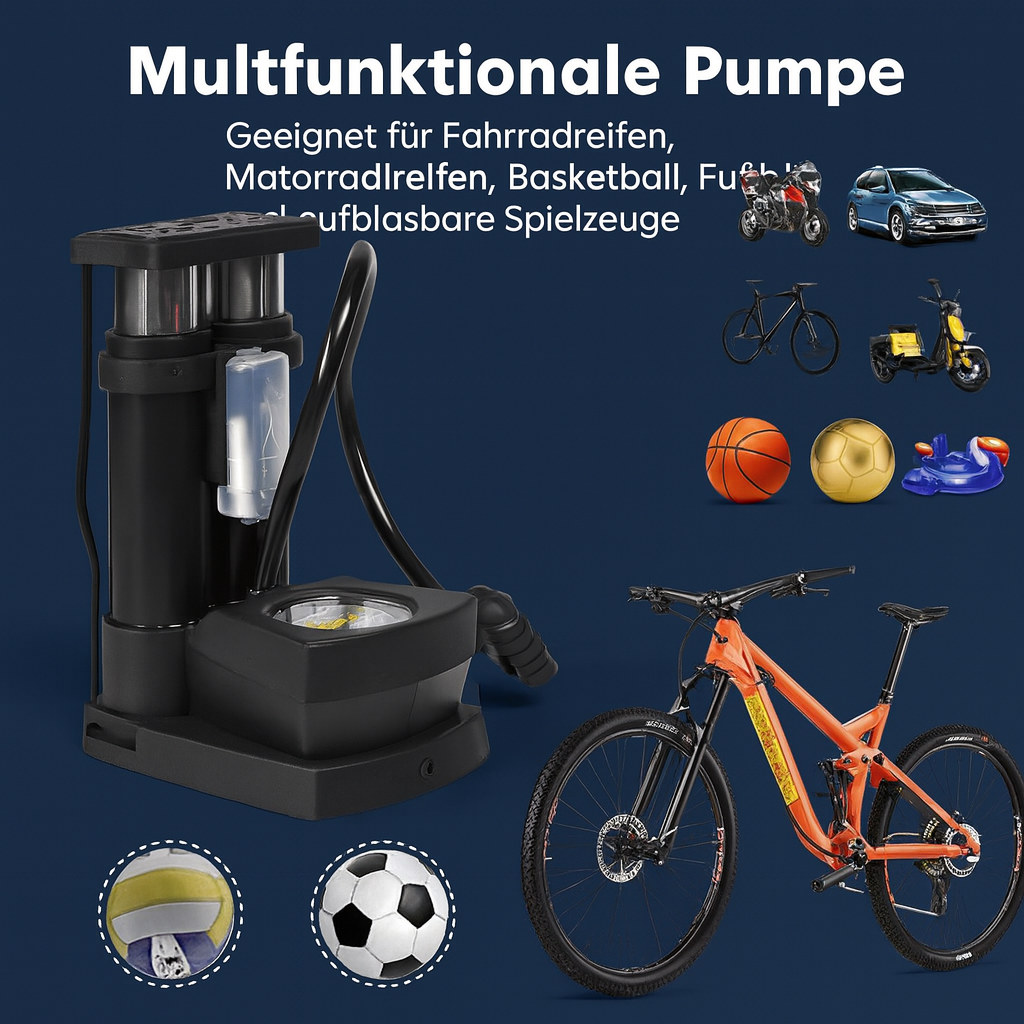 Stabile Autoreifen-Fußpumpe mit Manometer, universell einsetzbar für PKW, Wohnmobil & Motorrad.