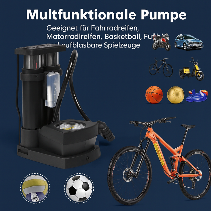 Stabile Autoreifen-Fußpumpe mit Manometer, universell einsetzbar für PKW, Wohnmobil & Motorrad.