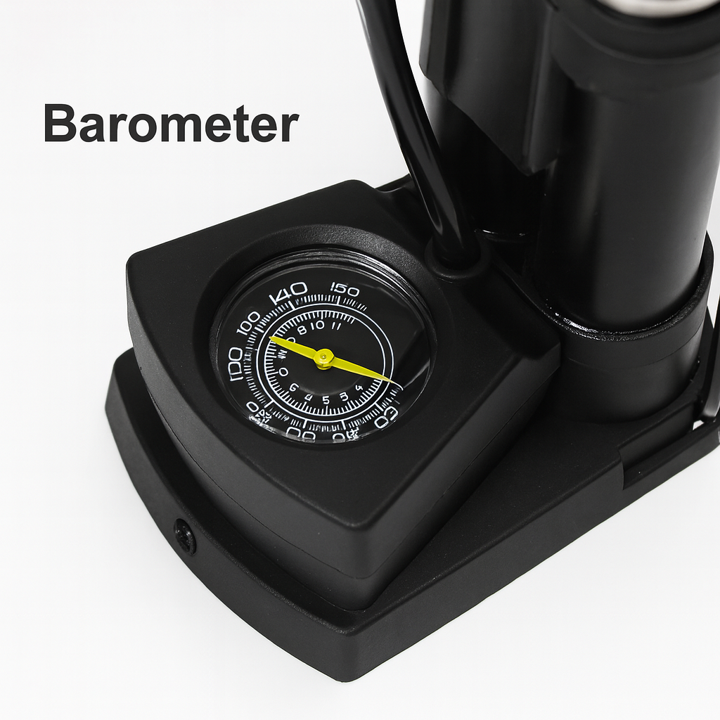 Leistungsstarke Hochdruck-Fußpumpe mit gut ablesbarem Manometer für präzisen Reifendruck bei Reifen.