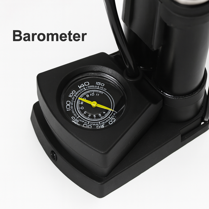 Leistungsstarke Hochdruck-Fußpumpe mit gut ablesbarem Manometer für präzisen Reifendruck bei Reifen.