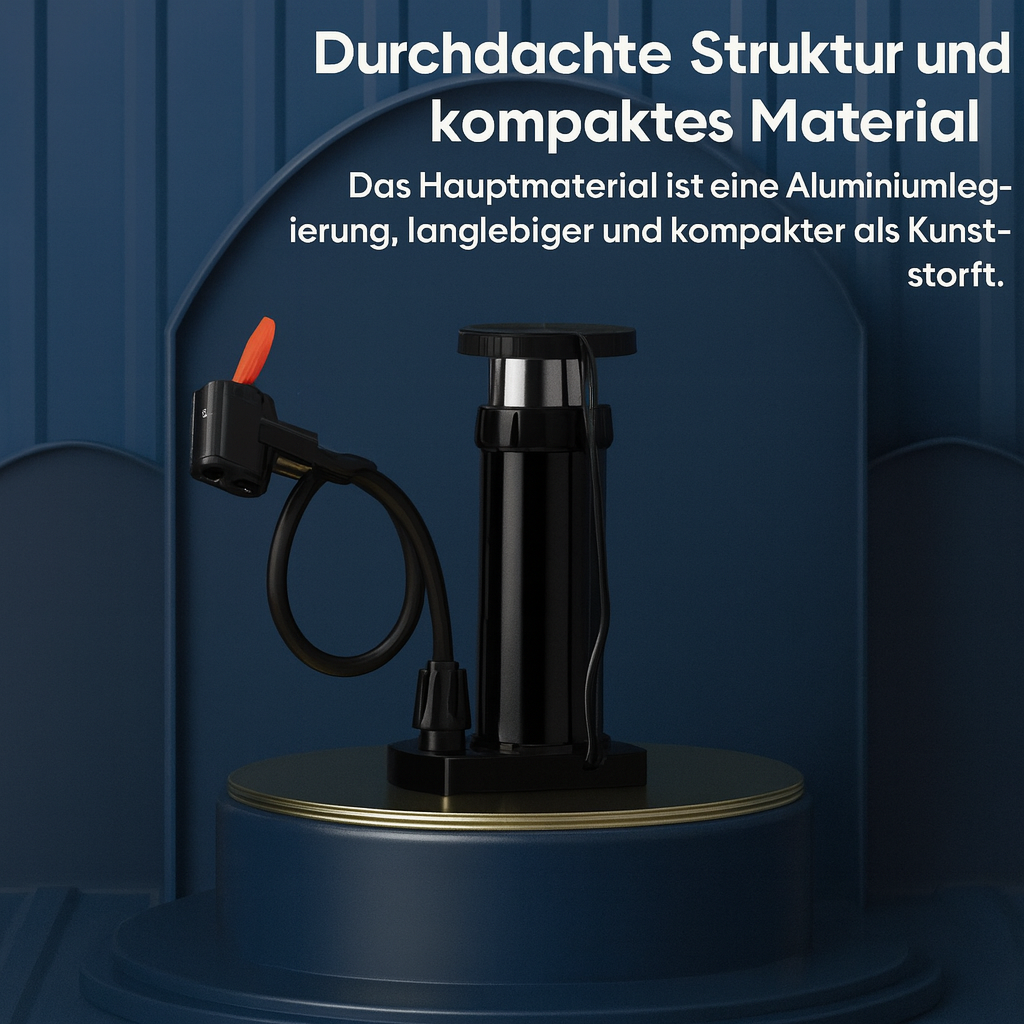 Kompakte Fußpumpe mit rutschfestem Pedal & Manometer, leicht zu verstauen im Auto oder Rucksack.