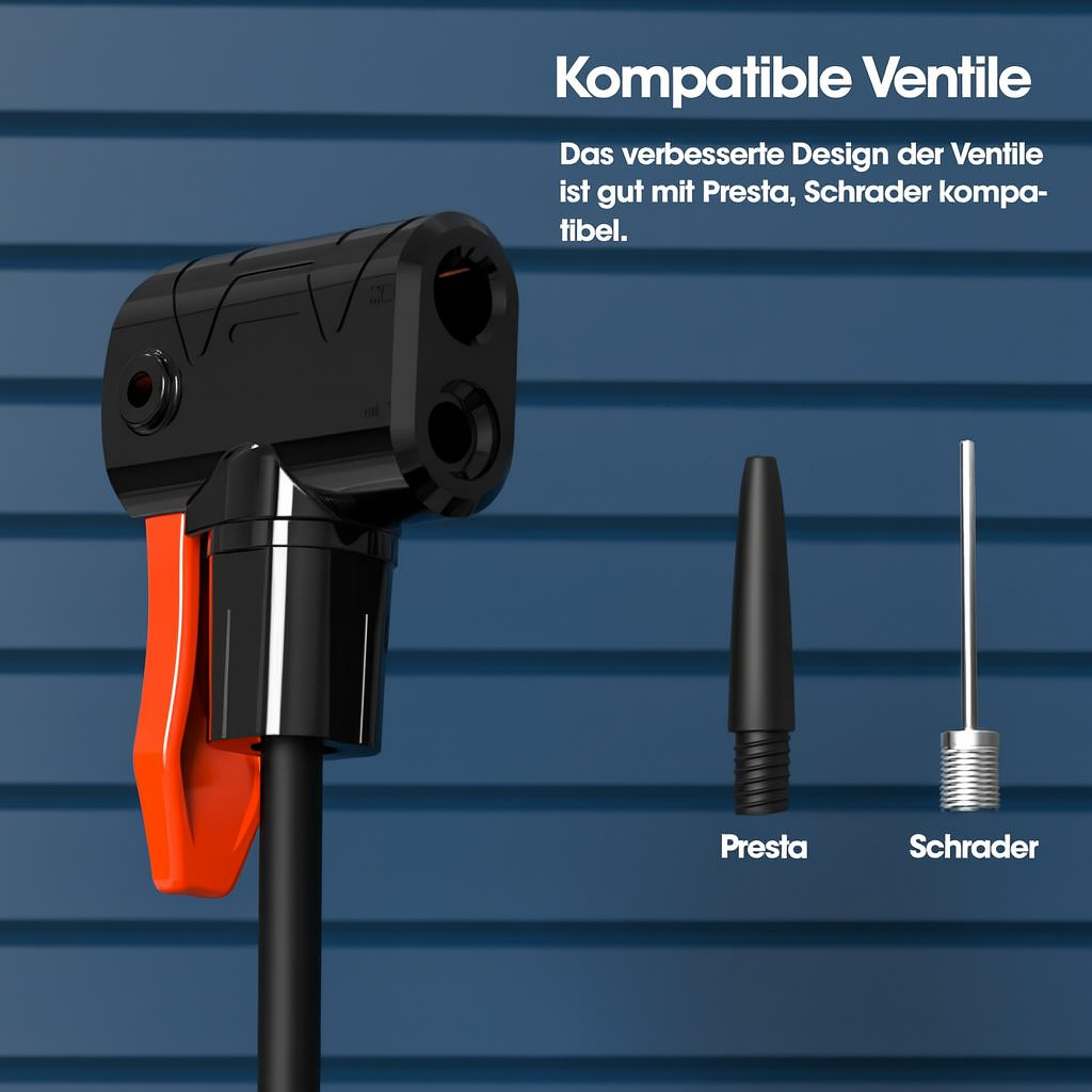 Benutzerfreundliche Fußluftpumpe mit integriertem Manometer für schnelles Aufpumpen von Auto- & Fahrradreifen.