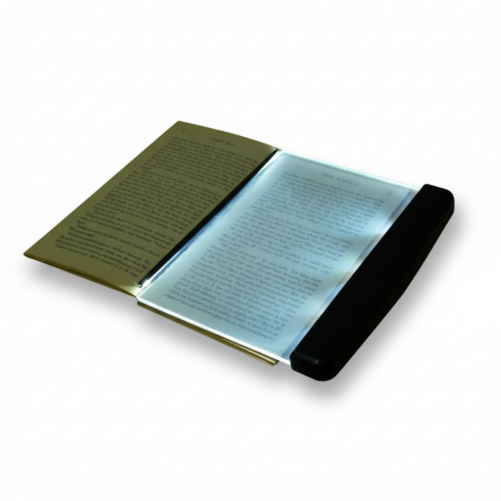 Augenschonende LED-Buchbeleuchtung, ideal für entspanntes Lesen. Flache, tragbare Leselampe mit diffusem Licht.