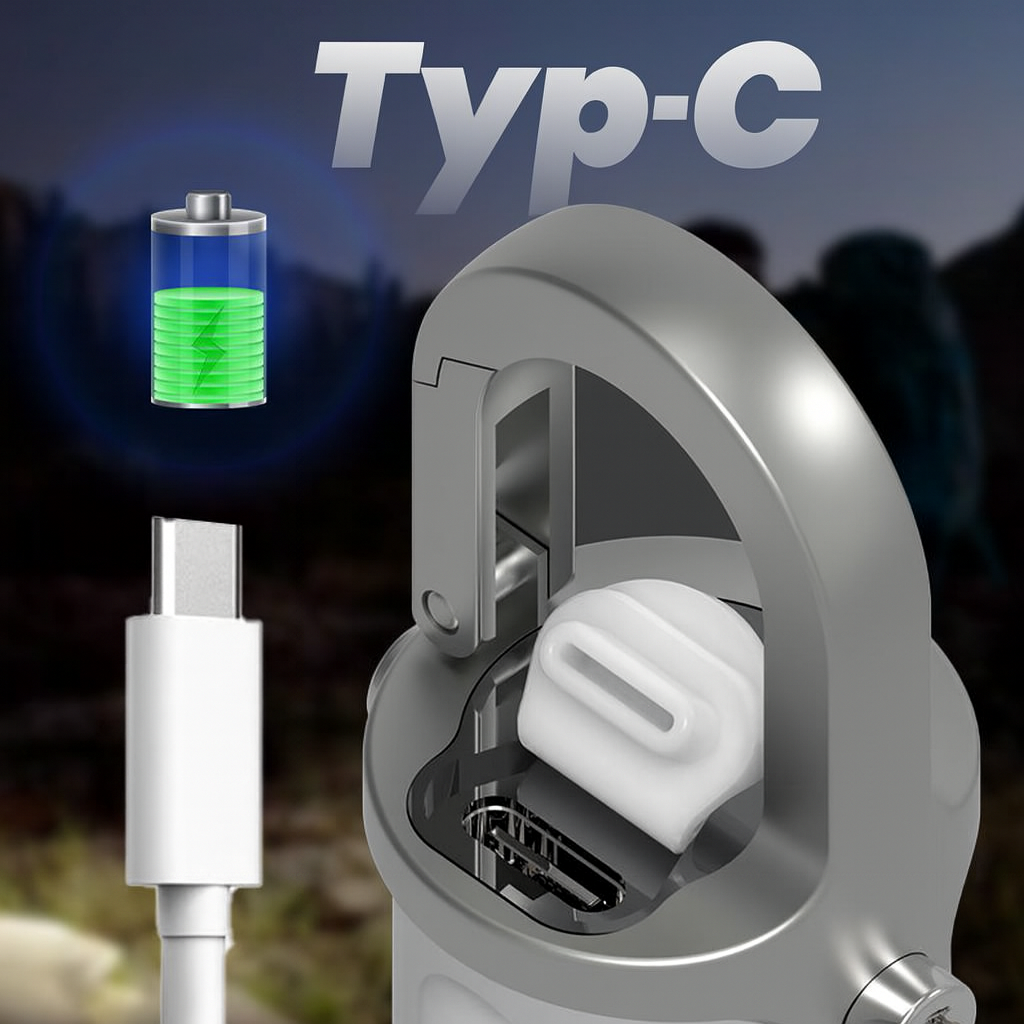 Helle LED Lampe für Schlüsselbund, kompakt, wasserdicht, mit USB-C Ladefunktion.