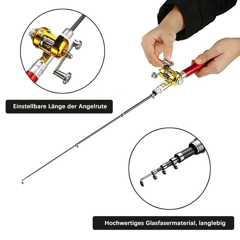 Mini Angelset für Outdoor-Sport. Diese kompakte Angelrute passt in jedes Gepäck und ist schnell einsatzbereit.