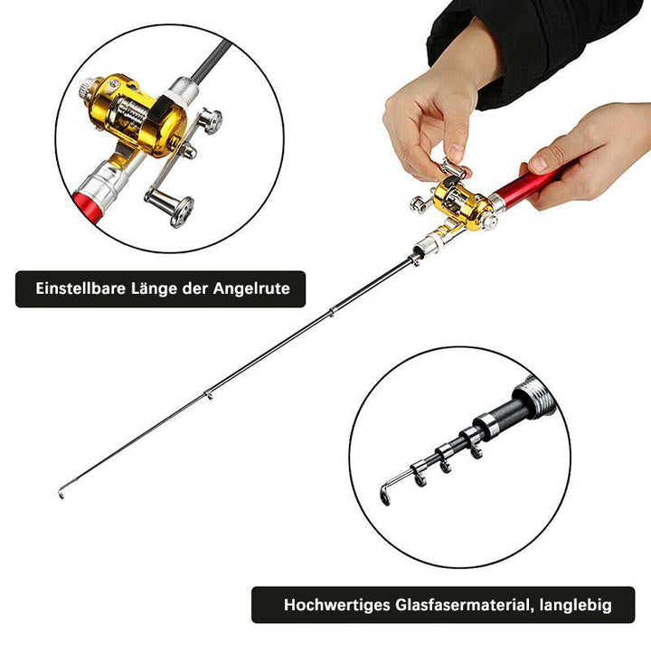 Mini Angelset für Outdoor-Sport. Diese kompakte Angelrute passt in jedes Gepäck und ist schnell einsatzbereit.