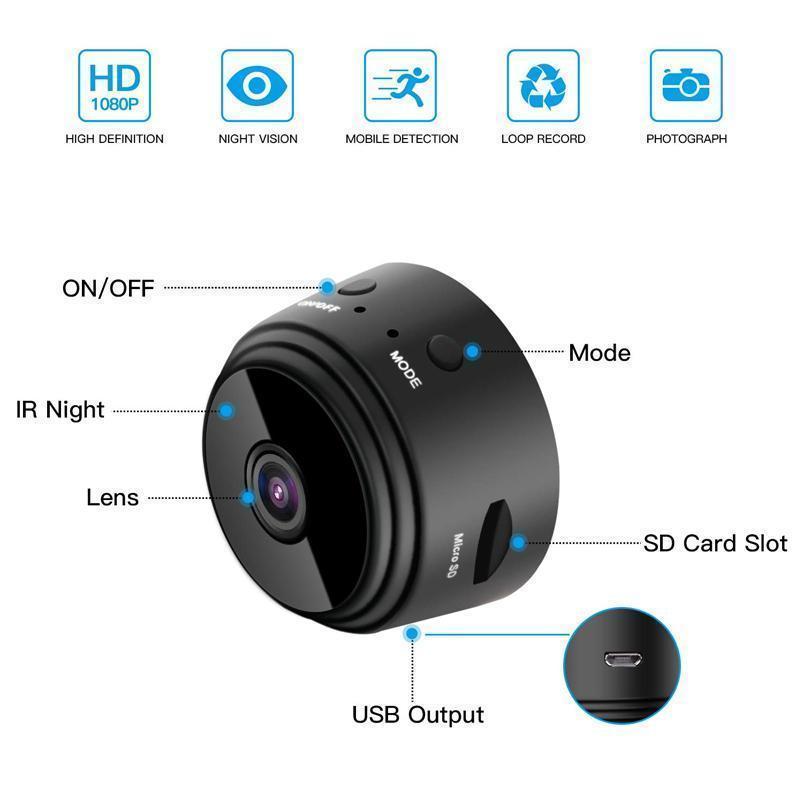Kompakte schwarze WiFi Mini Kamera für diskrete Videoüberwachung. Ideal für Smart Home Sicherheit.