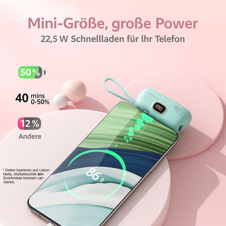 Die kompakte Powerbank als tragbares Gadget im Rucksack, ideal für Outdoor-Abenteuer und Reisen.