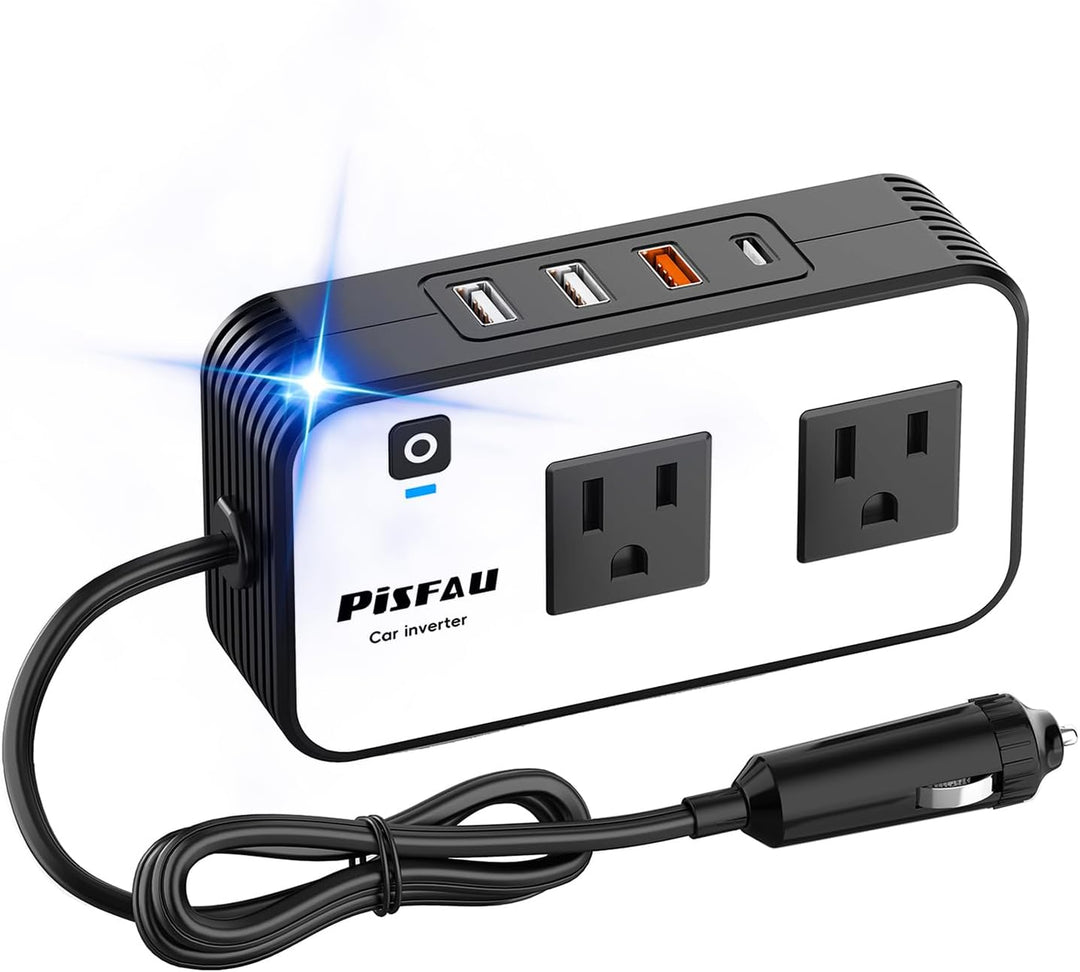 Kompakter 200W Auto-Wechselrichter für mobile Geräte, 12V zu 220V Stromwandler mit USB-C Schnellladefunktion.
