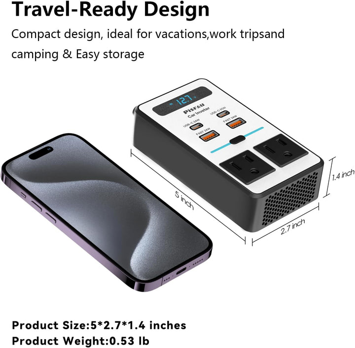 Detailansicht: 200W Auto-Wechselrichter mit 220V Steckdose und USB-C Port für diverse Geräte.