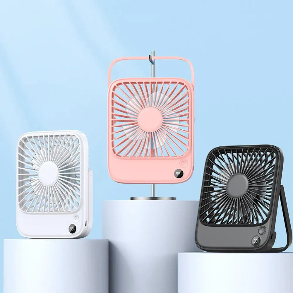 Kompakter Akku-Tischventilator mit integrierter Powerbank. Leise Kühlung für Büro, Schlafzimmer und unterwegs.