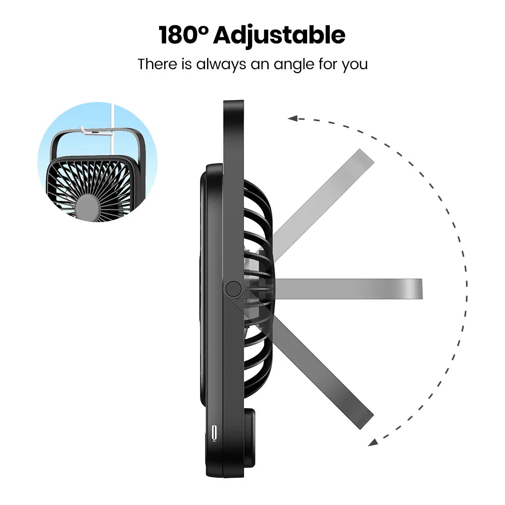 Leiser Tischventilator mit Powerbank und Akku. Perfekt für frische Luft und zum Laden von Geräten auf Reisen.