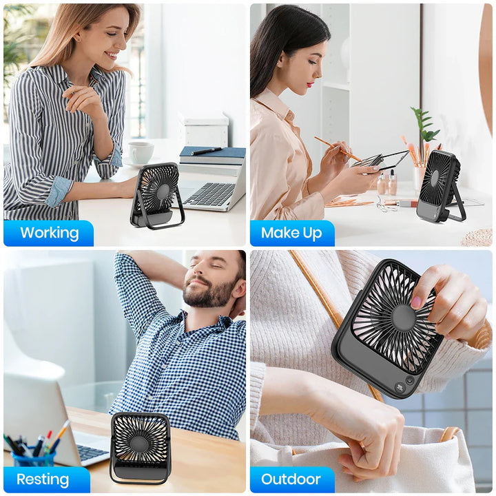 Eleganter, kompakter Tischventilator mit Powerbank und Akku. Modernes Design für effektive Kühlung im Sommer.