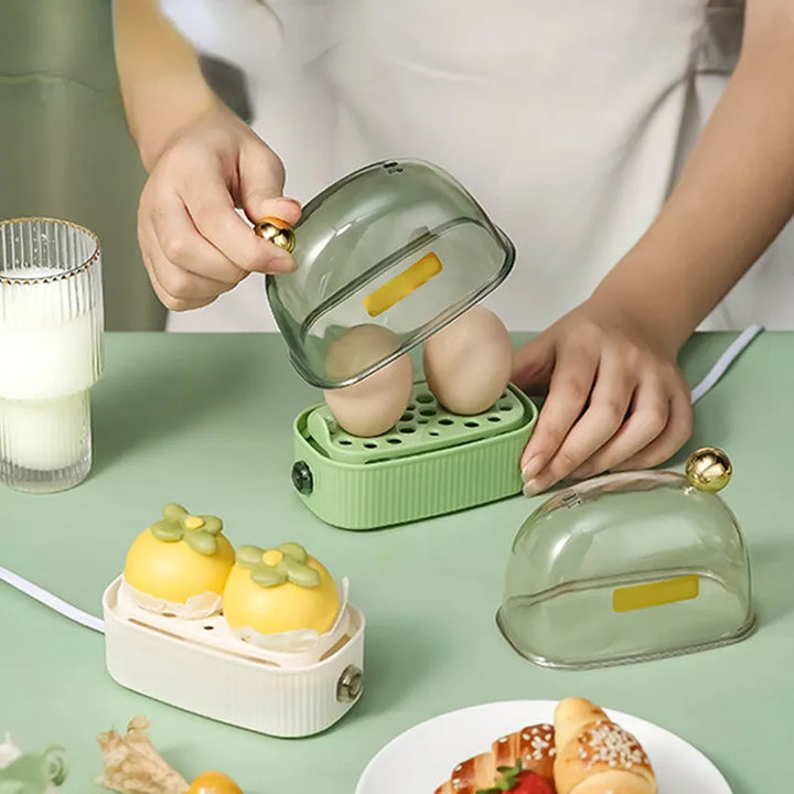 Kompakter Eierkocher für 2 Eier mit automatischer Abschaltung, ideal für schnelles Frühstück.