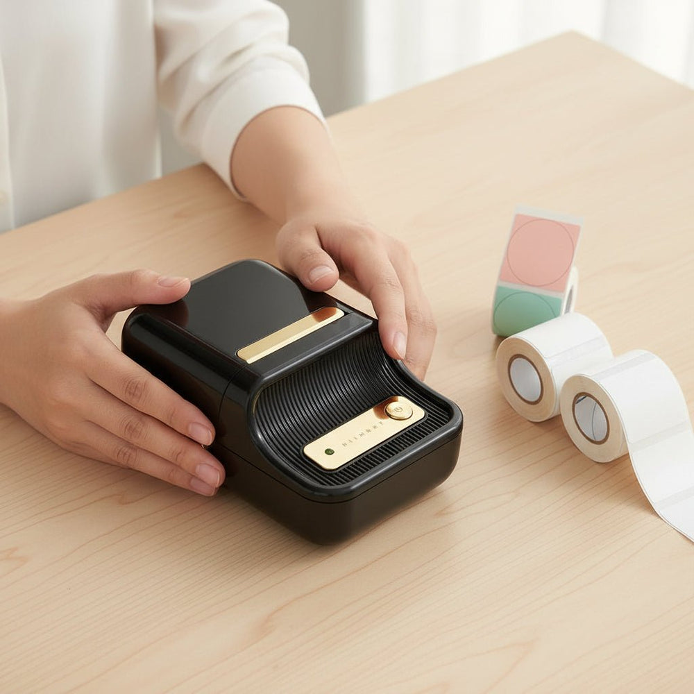 Tintenfreier Thermodrucker für langlebige Etiketten; perfekt für effiziente Büroorganisation.