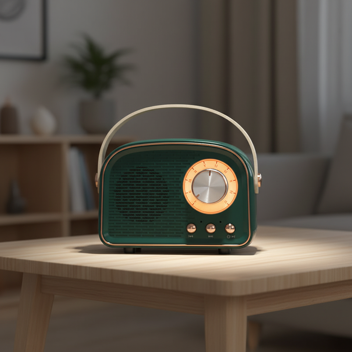 Kompakter Retro Bluetooth Lautsprecher TuneHaven mit sattem Sound, tragbar und kabellos für Musikgenuss.