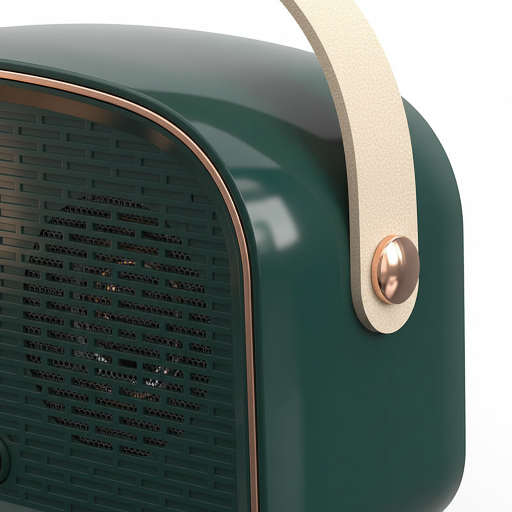 Tragbarer Retro Bluetooth Lautsprecher TuneHaven mit integriertem FM Radio für Musik und Podcasts unterwegs.