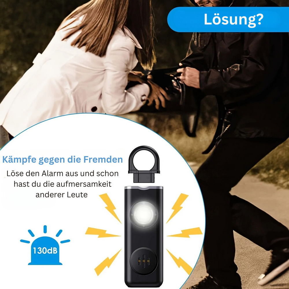 Eleganter Personenalarm in Schwarz, leicht und handlich, sicherer Taschenalarm für Frauen und Männer.