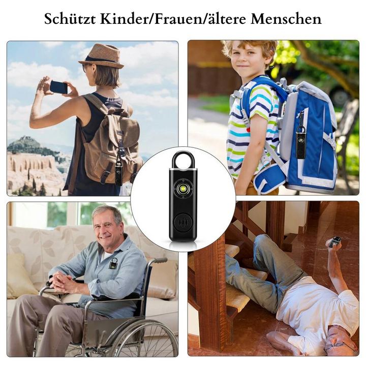 Vielseitiger Selbstschutz-Alarm, als diskreter Schlüsselanhänger immer dabei für deine persönliche Sicherheit.