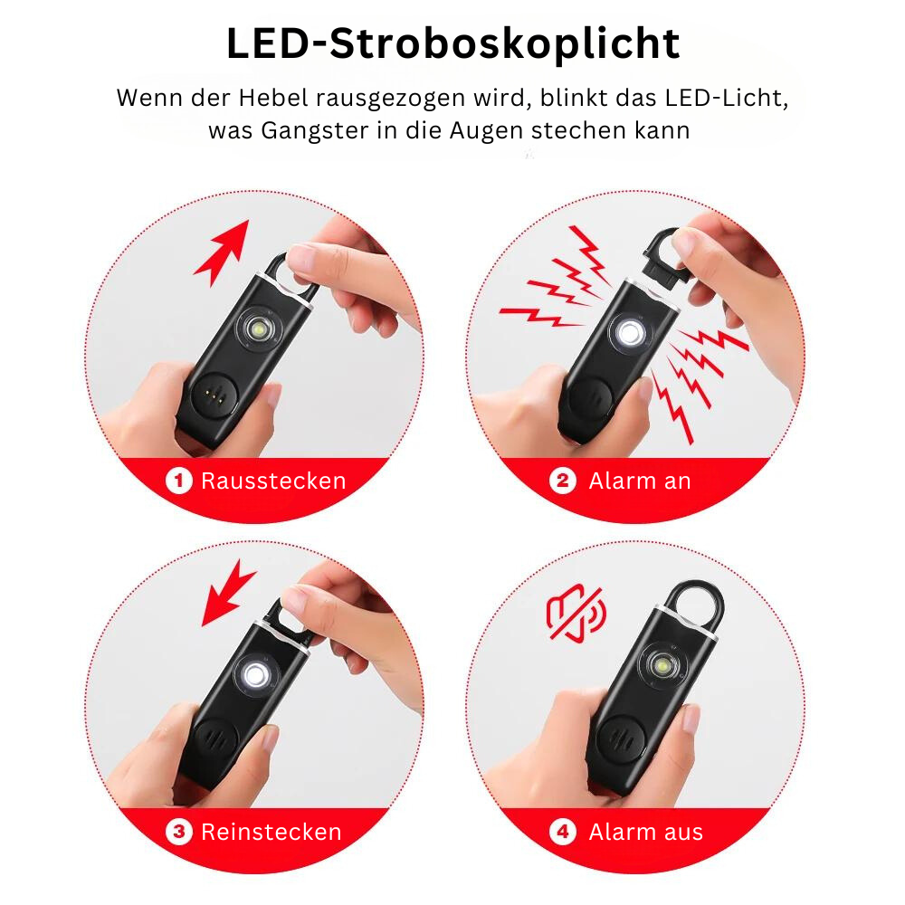 Ansicht des persönlichen Alarms: ergonomisches Design, einfacher Zug-Mechanismus für Notfall-Aktivierung.