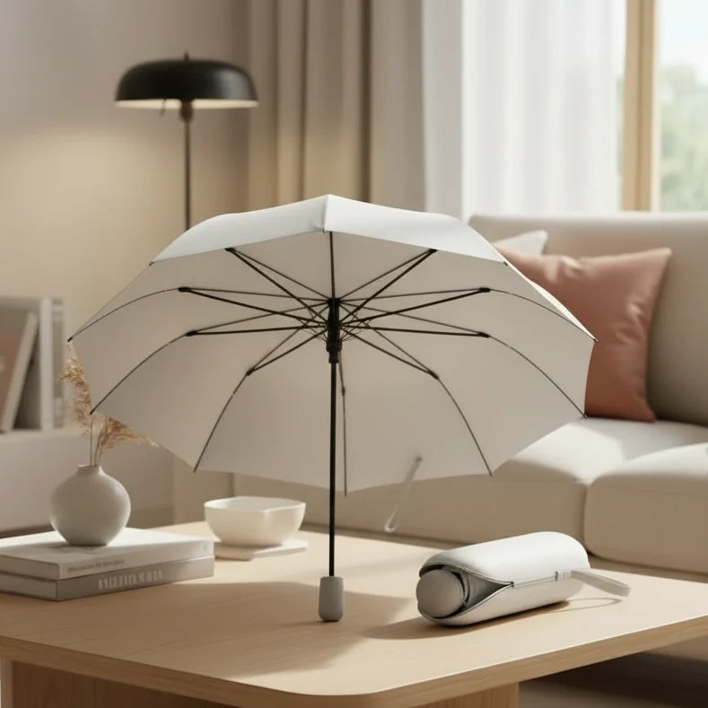 Kompakter, stilvoller Regenschirm für Damen & Herren; ideal für Reisen, passt in jede Handtasche.