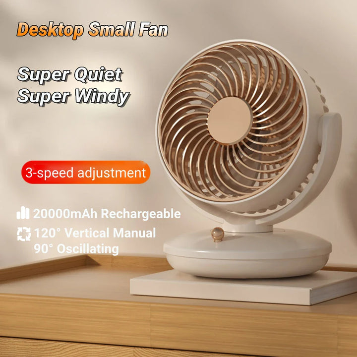 Eleganter beiger Tischventilator für das Büro. Leiser USB-Lüfter mit Akku sorgt für 360° Kühlung am Schreibtisch.