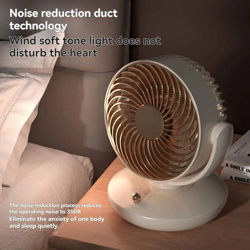 Beiger, kompakter Tischventilator mit 360° Rotation. Leiser USB-Lüfter & Akku, perfekt für eine stilvolle Kühlung zuhause.
