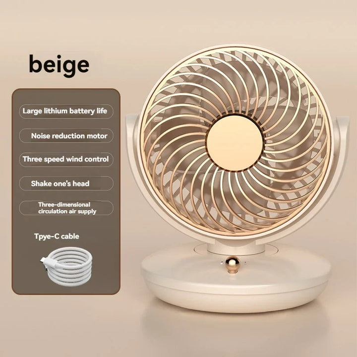 Vielseitiger Tischventilator mit 360° Rotation. Kompakter USB-Lüfter mit Akku, leise und kraftvoll für umfassende Kühlung.
