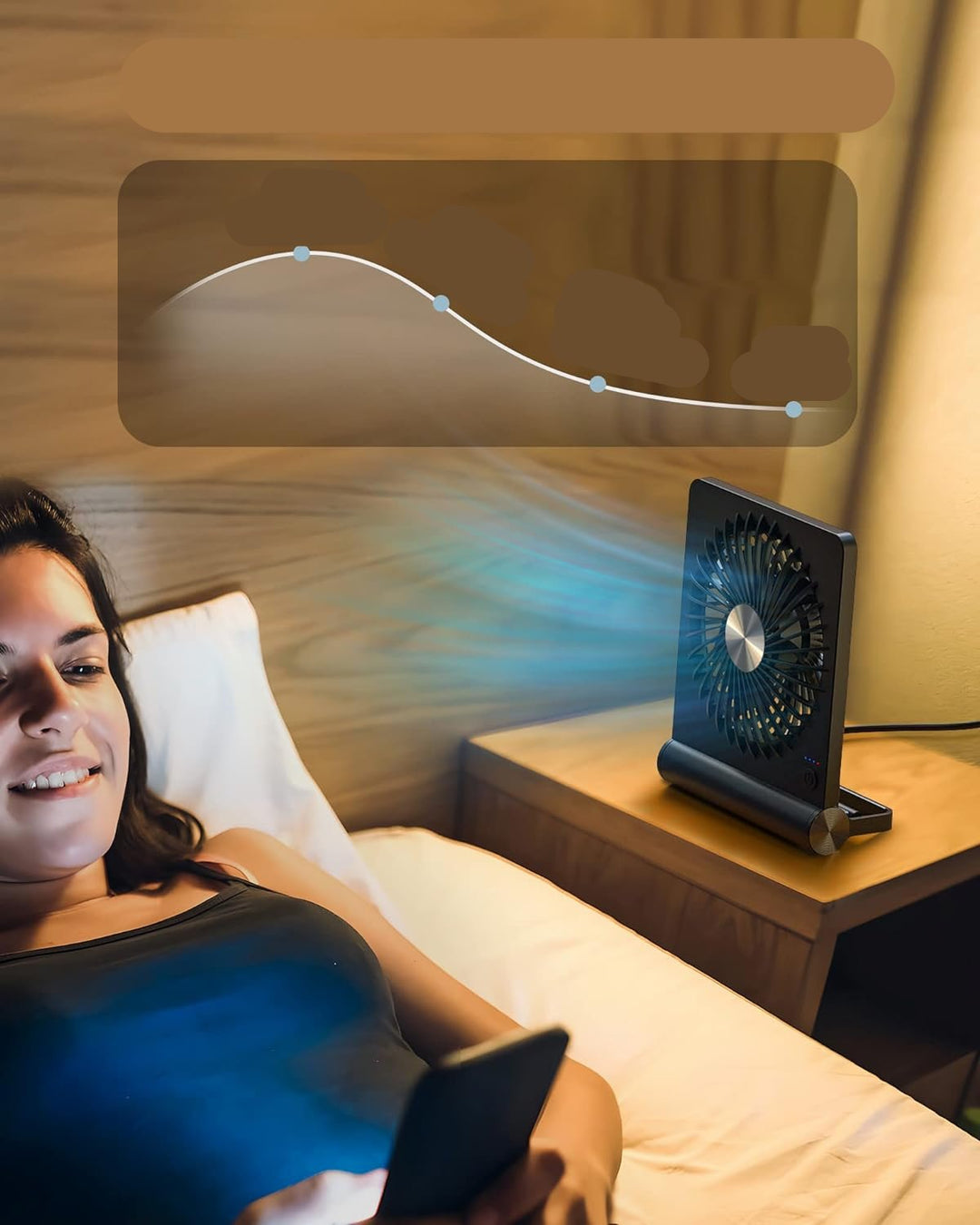 Ultra-leiser Tischventilator, ideal für entspannte Abende im Schlafzimmer oder konzentriertes Arbeiten im Büro.
