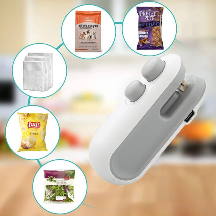 Tragbarer Folienversiegler für Lebensmittel. Hält Snacks und Vorräte in der Küche länger frisch – ideal für Aufbewahrung.