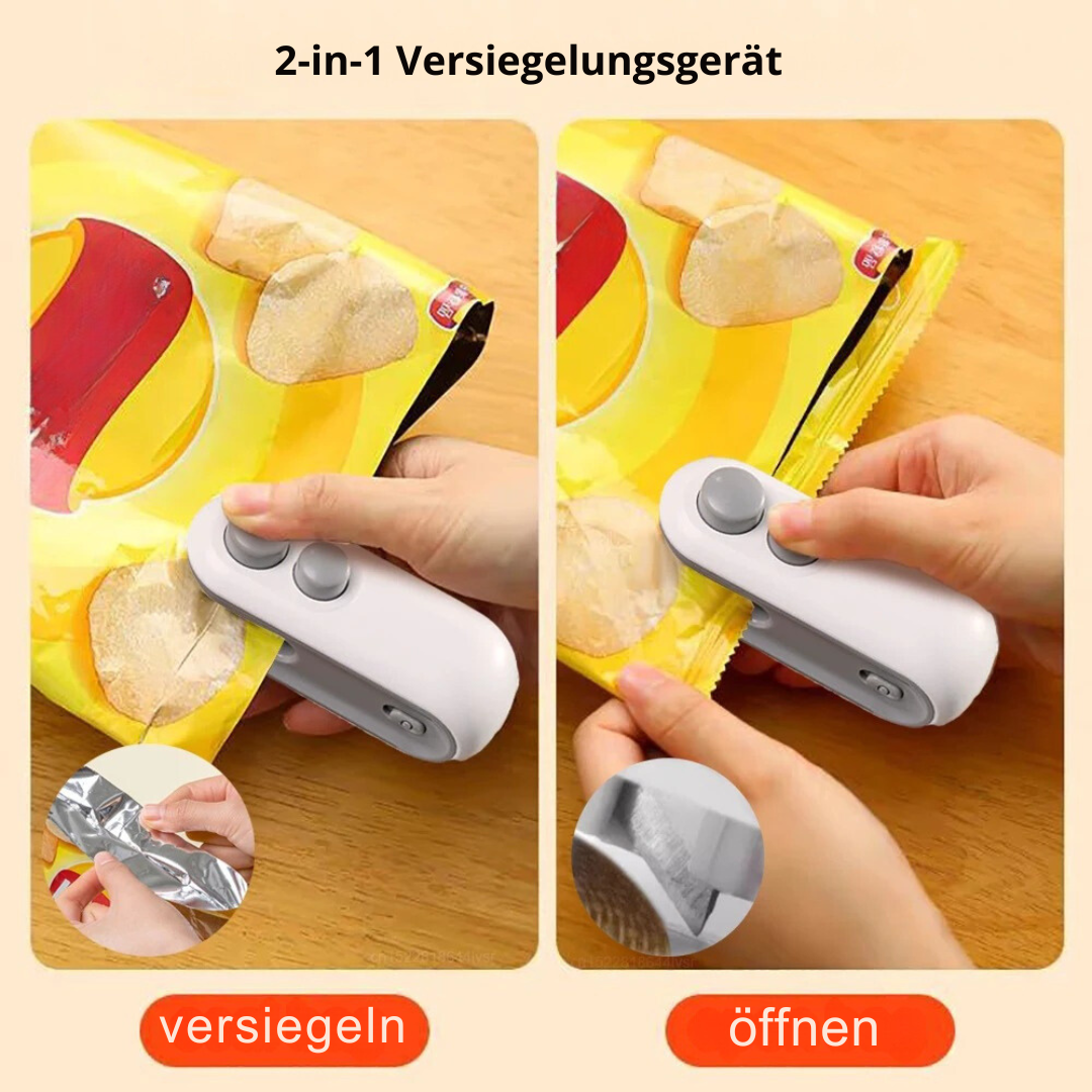 Vielseitiger 2-in-1 Küchenhelfer zum Versiegeln von Plastiktüten. Sichert Frische für Lebensmittel und schafft Ordnung im Haushalt.