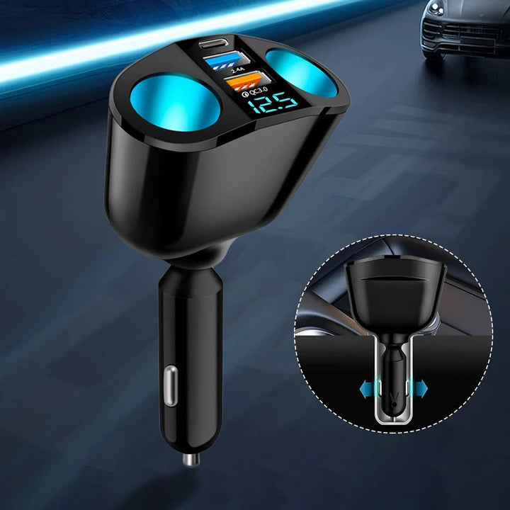 Praktisches Dual USB Auto Ladegerät mit digitaler Spannungsanzeige für sicheres Laden unterwegs; ideal für Reise Zubehör.