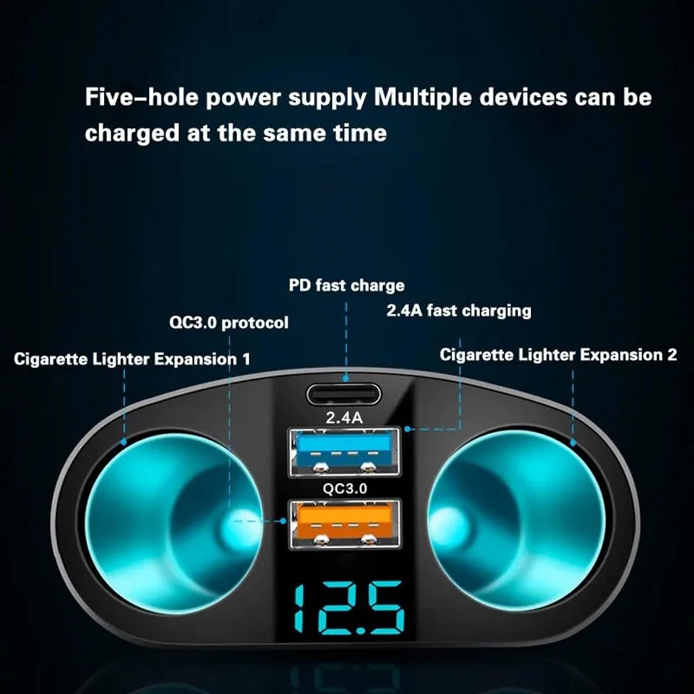 Hochwertiger Dual USB KFZ Adapter 12V/24V mit präziser Spannungsanzeige für Fahrzeug Elektronik; lädt schnell 2 Geräte.