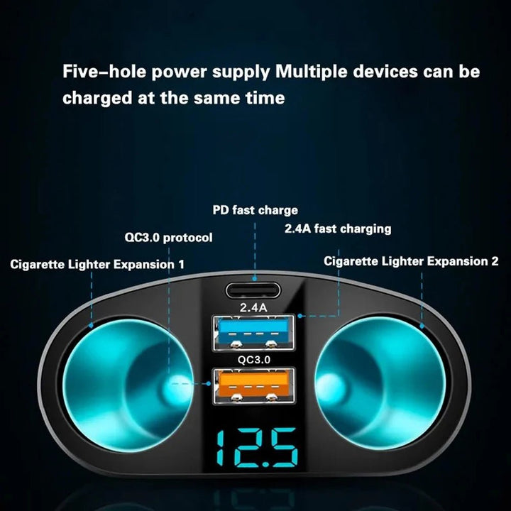 Hochwertiger Dual USB KFZ Adapter 12V/24V mit präziser Spannungsanzeige für Fahrzeug Elektronik; lädt schnell 2 Geräte.