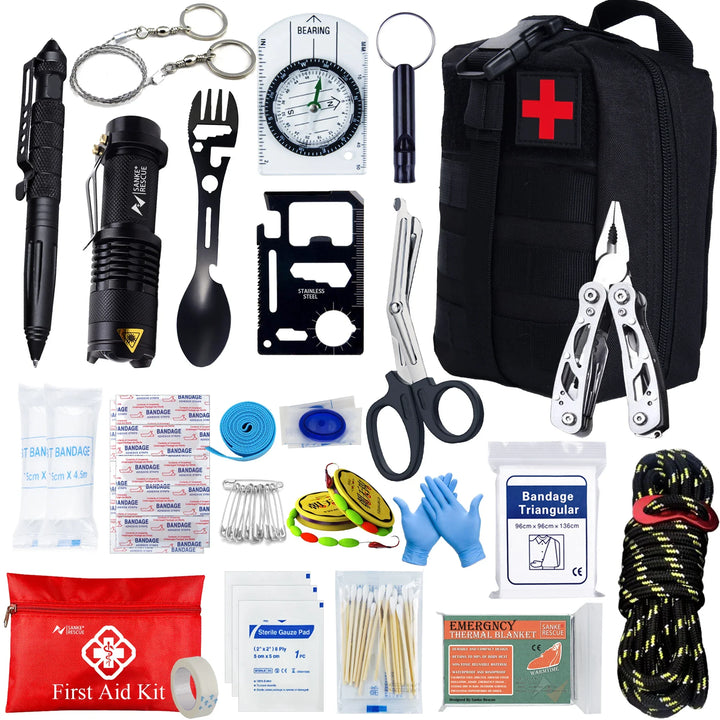 Kompaktes 24-teiliges Outdoor Survival Kit im robusten Etui. Ideales Notfallset für Camping, Wandern & Krisenvorsorge.
