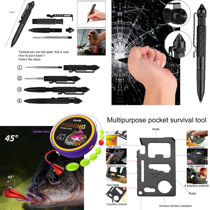 Detailaufnahme des Multitools und Feuerstarters aus dem 24-teiligen Outdoor Survival Kit für Abenteuer & Buschcraft.