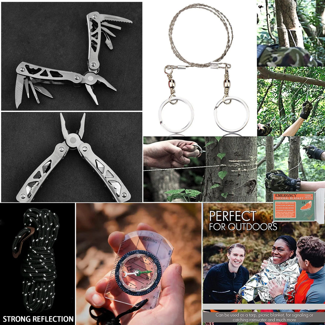 Outdoor Survival Kit in der Natur: 24-teiliges Notfallset mit Erste Hilfe für Camping, Wandern & Krisenvorsorge.
