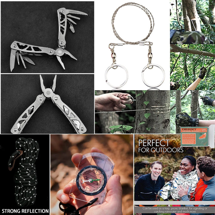 Outdoor Survival Kit in der Natur: 24-teiliges Notfallset mit Erste Hilfe für Camping, Wandern & Krisenvorsorge.