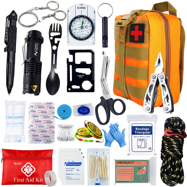Robustes, wasserabweisendes Etui des 24-teiligen Outdoor Survival Kits. Schutz für Ihr Notfallset beim Wandern.