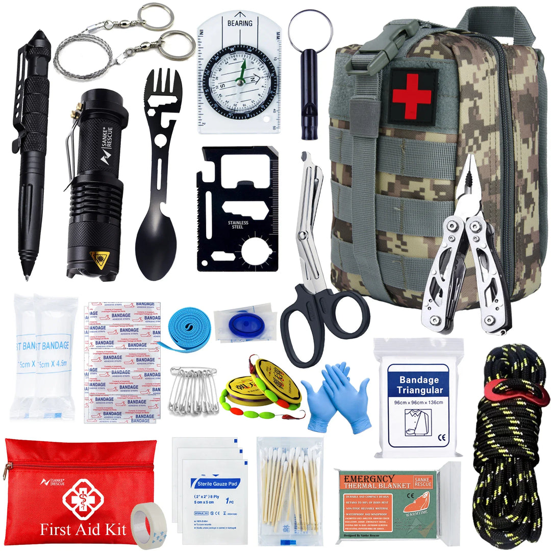 Handgroßes 24-teiliges Survival Kit – kompaktes Notfallset & Outdoor Ausrüstung für Prepper und Abenteurer.