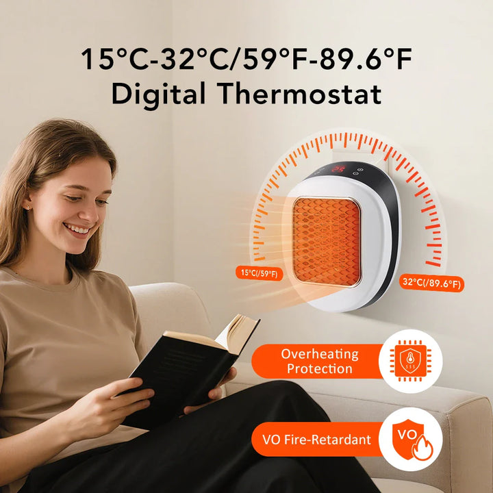 Effizienter 600W Wandheizer mit Fernbedienung. Ideal als tragbare Steckdosenheizung mit Timer für Zuhause.